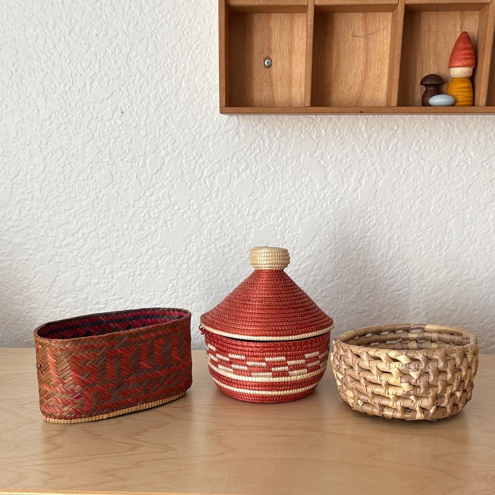 Vintage Handwoven African Mini Basket with Lid Set